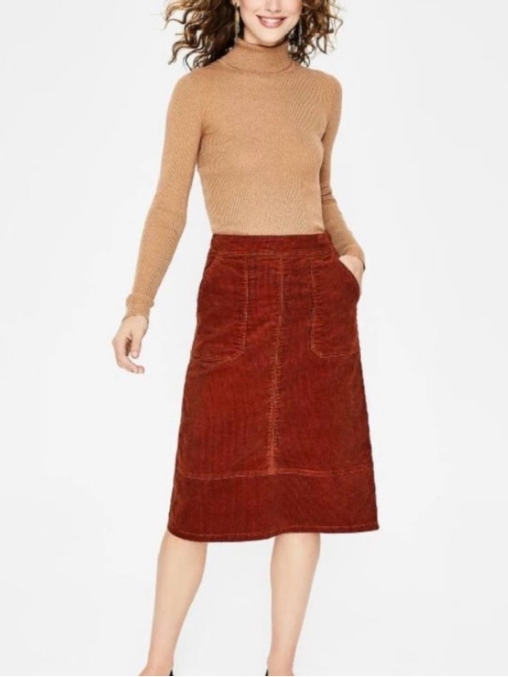 BODEN Burston Corduroy Midi Skirt Burnt Orange Front Pockets UK 10R / US 6R